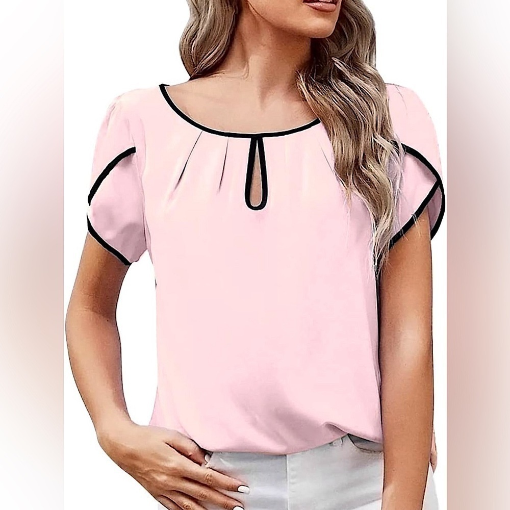 Pastel Pink Short Sleeve Blouse with Black Trim Keyhole Neckline Size XL